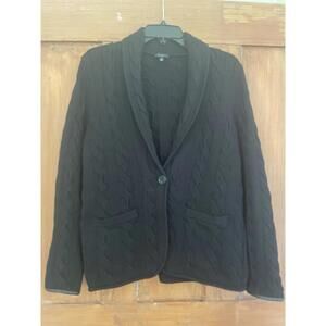 Talbots Black Cable Stitch Knit Faux Leather Trim Cardigan Sweater M Wool